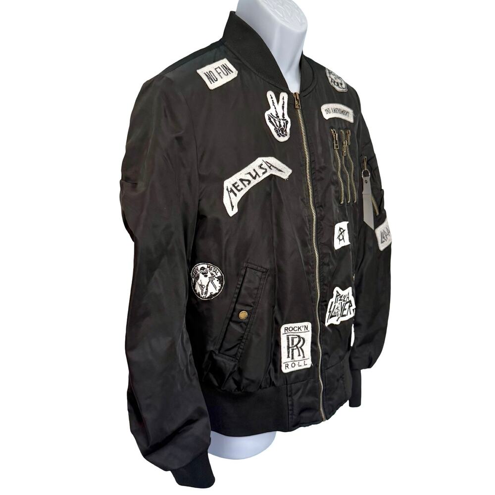 American Stitch Black Patchwork Bomber Jacket Punk Rock N Roll Patches Size M - Picture 9 of 12